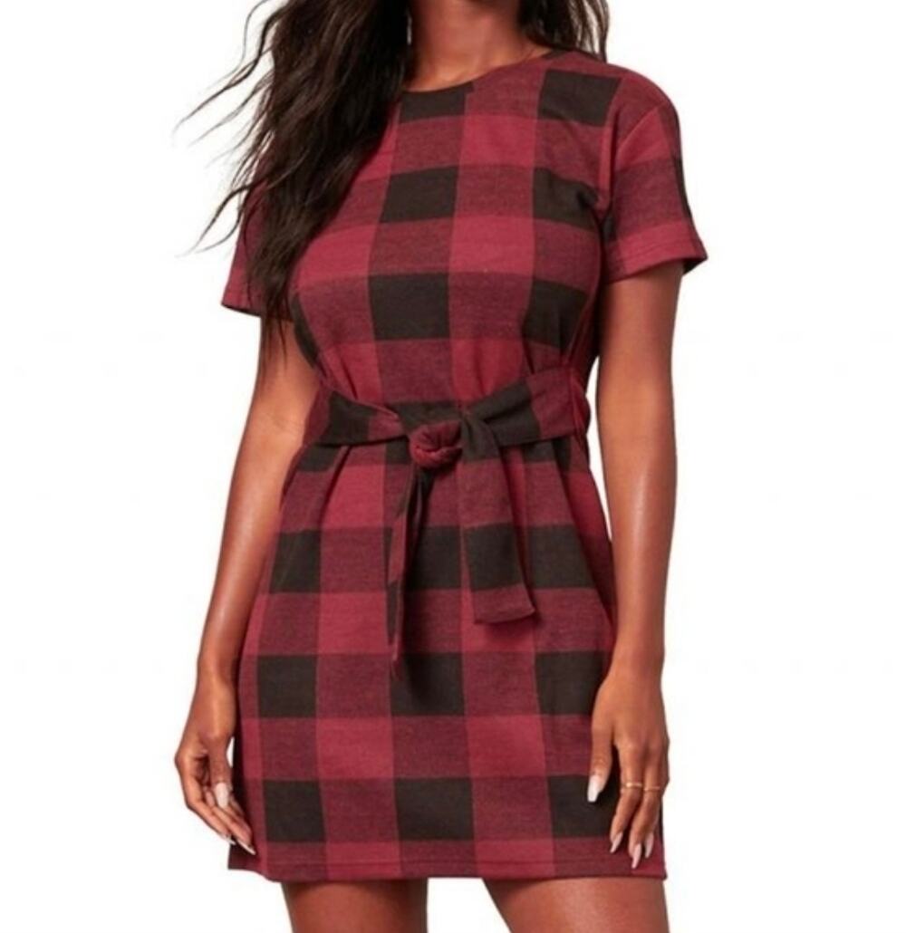 Steve Madden Burgandy & Black Buffalo Plaid Short Sleeve Front Tie Dress Size M